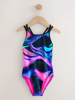 New Next Black/Pink/Purple Swirl Double Strap Swimsuit (3-16yrs)