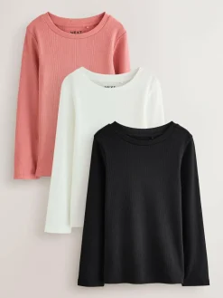Clearance Next Black/Pink/White Long Sleeve Ribbed Tops 3 Pack (3-16yrs)