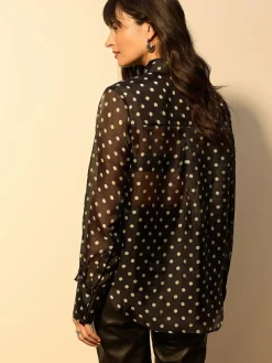Online Next Sheer Long Sleeve Shirt Black/Sage Polka Dot