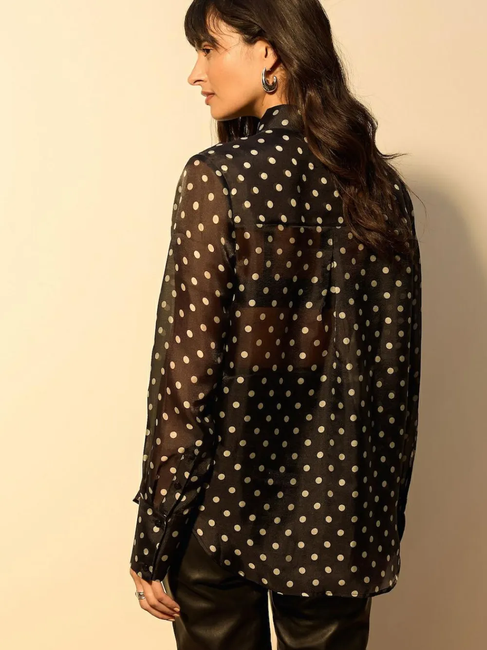 Online Next Sheer Long Sleeve Shirt Black/Sage Polka Dot