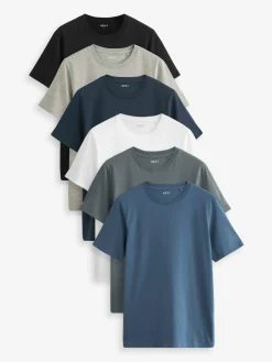 Next Black/Slate/Grey Marl/White/Navy/Blue Slim Fit Essential Cotton T-Shirts 6 Pack^ Nightwear|Tops & T-Shirts