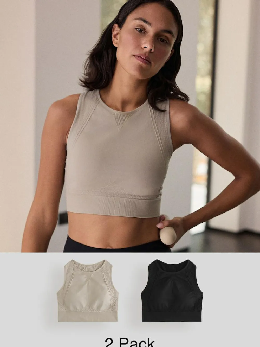 Next Black/Stone Seamless High Neck Medium Impact Sports Bras 2 Pack^Women Bras|All Lingerie