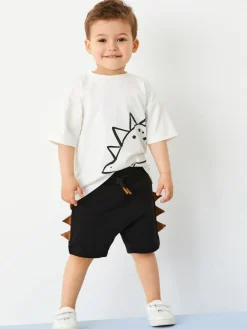 New Next Short Sleeve T-Shirt & Shorts Set 2 Pack (3mths-7yrs) (3mths-7yrs) Black/Tan Dinosaur