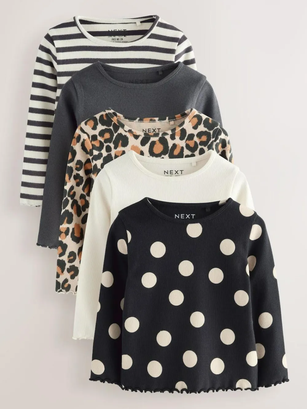 Next Black/White Long Sleeve Rib Tops 5 Pack (3mths-7yrs)^ Baby Girls|Tops