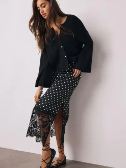 New Next Satin Midi Skirt With Lace Trim Black/White Spot