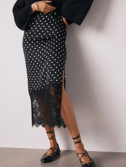 New Next Satin Midi Skirt With Lace Trim Black/White Spot