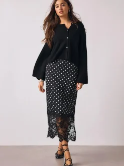 New Next Satin Midi Skirt With Lace Trim Black/White Spot