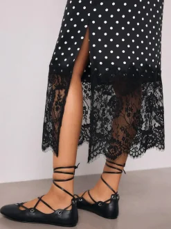 New Next Satin Midi Skirt With Lace Trim Black/White Spot