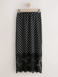 New Next Satin Midi Skirt With Lace Trim Black/White Spot