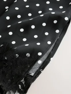 New Next Satin Midi Skirt With Lace Trim Black/White Spot