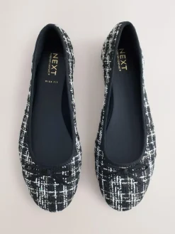 Next Black/White Tweed Standard/Wide Fit Round Toe Ballerina Shoes^Women Flats