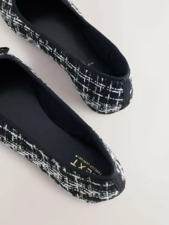Next Black/White Tweed Standard/Wide Fit Round Toe Ballerina Shoes^Women Flats