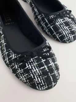 Next Black/White Tweed Standard/Wide Fit Round Toe Ballerina Shoes^Women Flats