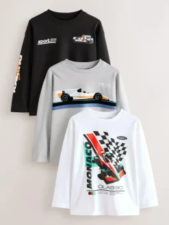 Discount Next Black/White/Grey Cars Relaxed Fit Graphic Print Long Sleeve T-Shirts 3 Pack (3-16yrs)