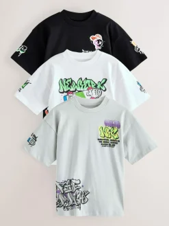 Next Black/White/Grey Relaxed Fit Graphic Print Short Sleeve T-Shirts 3 Pack (3-16yrs)^BOY T-Shirts