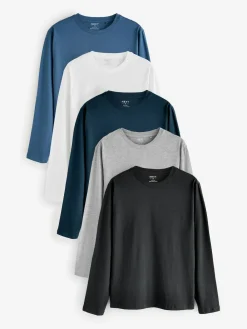 Outlet Next Black/White/Grey/Blue Slim Fit Regular Fit Long Sleeve 100% Cotton T-Shirts 5 Pack