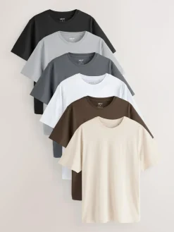 Next Black/White/Grey/Slate Grey/Stone/Brown Regular Fit Essential Cotton T-Shirts 6 Pack^ Nightwear|Tops & T-Shirts