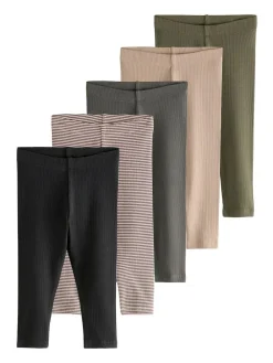 Hot Next Ribbed Leggings 5 Pack (3mths-7yrs) Black/White/Khaki Green