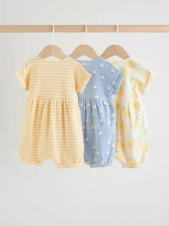Next Blue and Lemon Printed Button T Shirt Jersey 3 Pack Baby Rompers^ Rompers & Overalls