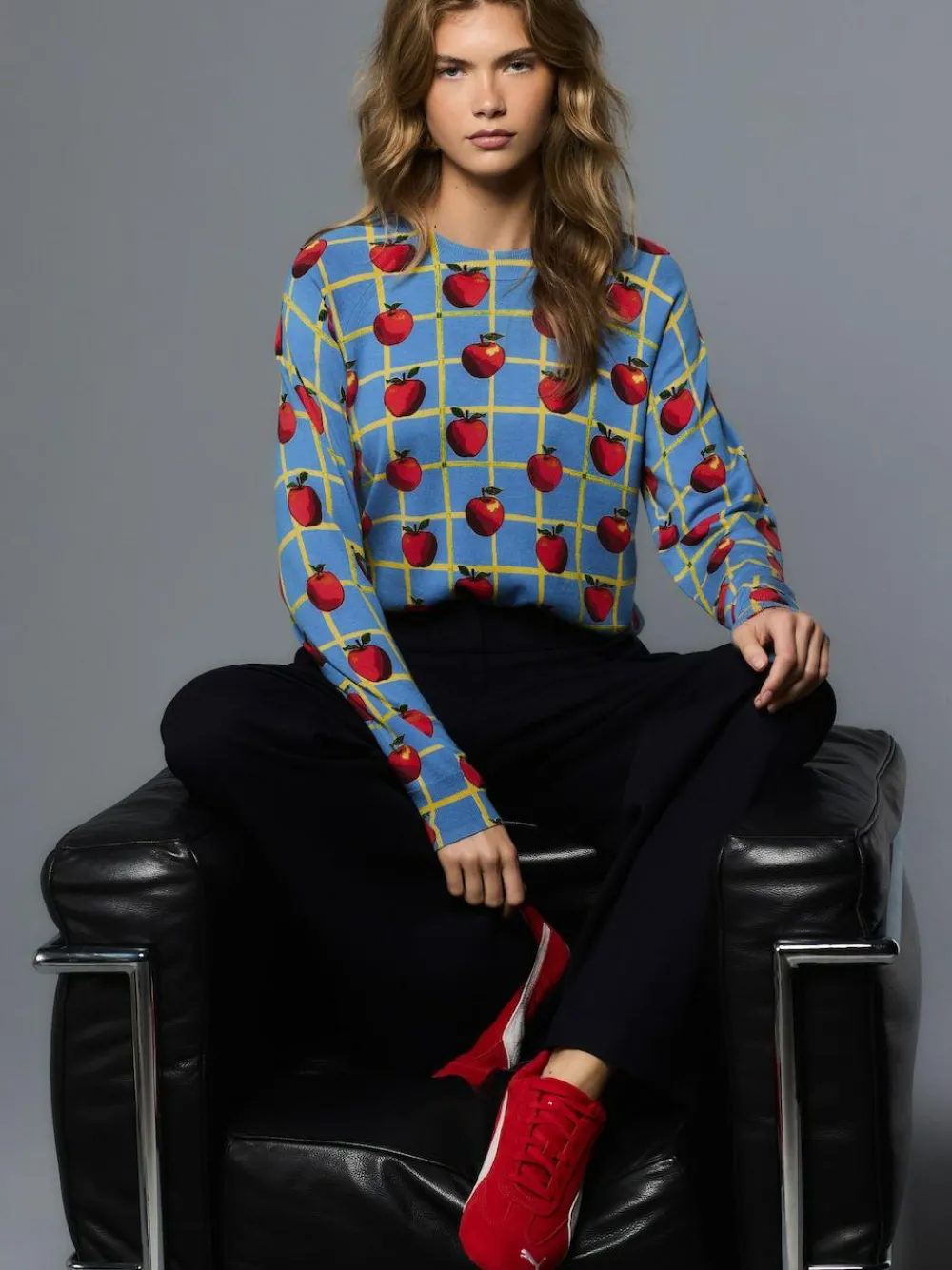 Online Next Blue Apple Check Pattern Soft Touch Crew Neck Cotton Rich Jumper