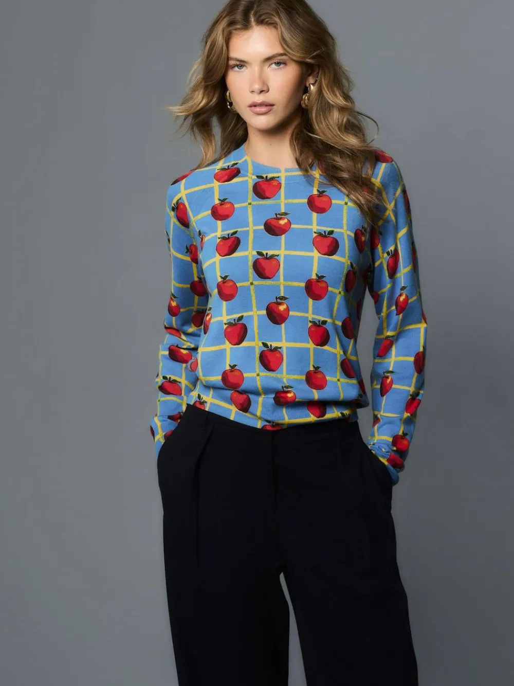 Online Next Blue Apple Check Pattern Soft Touch Crew Neck Cotton Rich Jumper