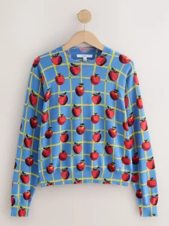 Online Next Blue Apple Check Pattern Soft Touch Crew Neck Cotton Rich Jumper