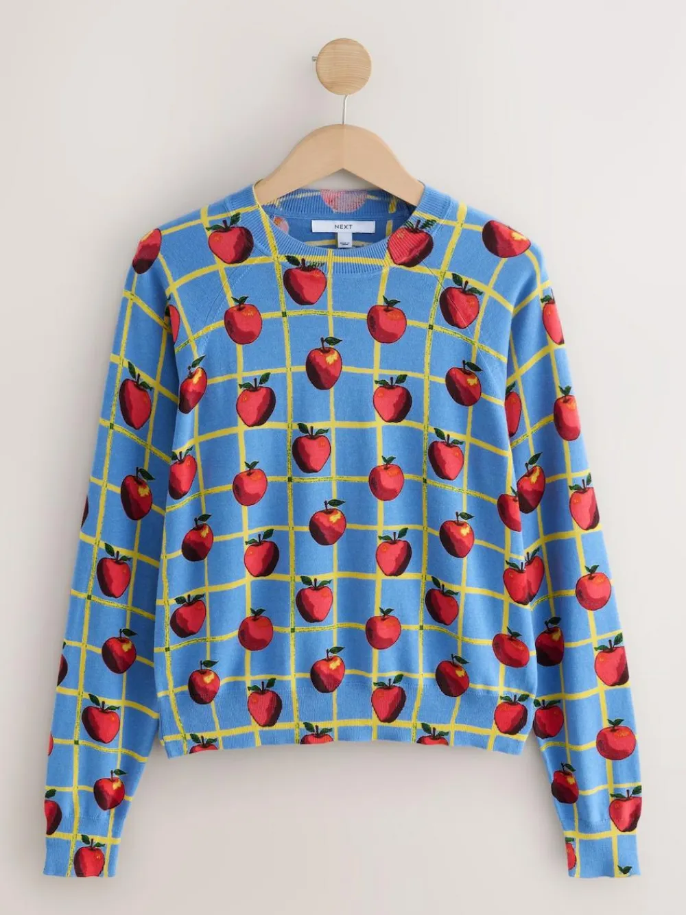 Online Next Blue Apple Check Pattern Soft Touch Crew Neck Cotton Rich Jumper