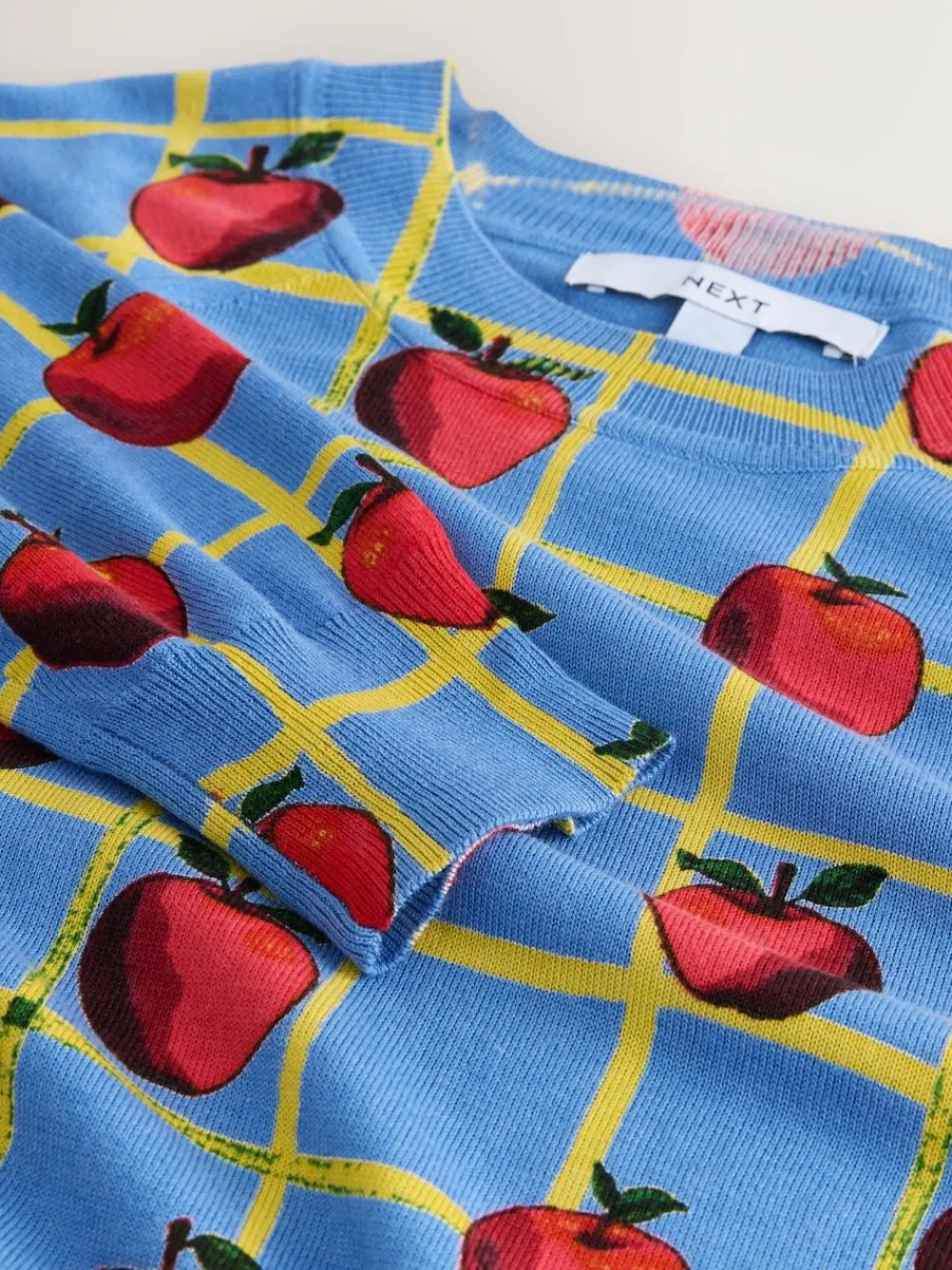 Online Next Blue Apple Check Pattern Soft Touch Crew Neck Cotton Rich Jumper