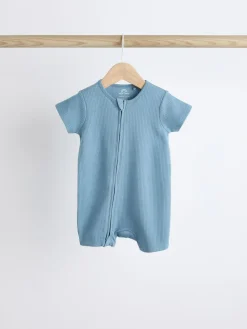 New Next Blue Baby Two Way Zip 100% Cotton Rompers 3 Pack (0-3yrs)