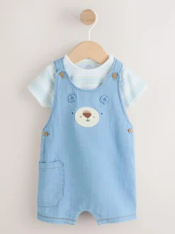 Online Next Blue Bear Woven Dungarees and Bodysuit Baby Set (0mths-2yrs)