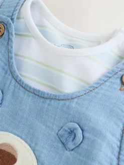 Online Next Blue Bear Woven Dungarees and Bodysuit Baby Set (0mths-2yrs)