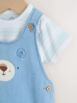 Online Next Blue Bear Woven Dungarees and Bodysuit Baby Set (0mths-2yrs)
