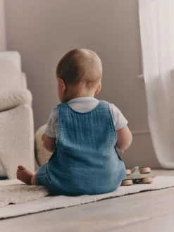 Online Next Blue Bear Woven Dungarees and Bodysuit Baby Set (0mths-2yrs)