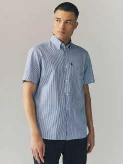 Clearance Next Blue Bengal Short Sleeve With Button Down Collar Stripe Easy Iron Oxford Shirt