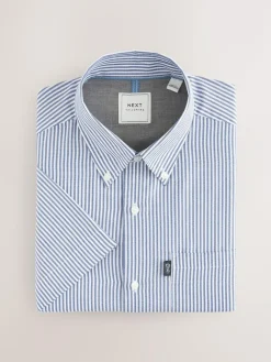 Clearance Next Blue Bengal Short Sleeve With Button Down Collar Stripe Easy Iron Oxford Shirt