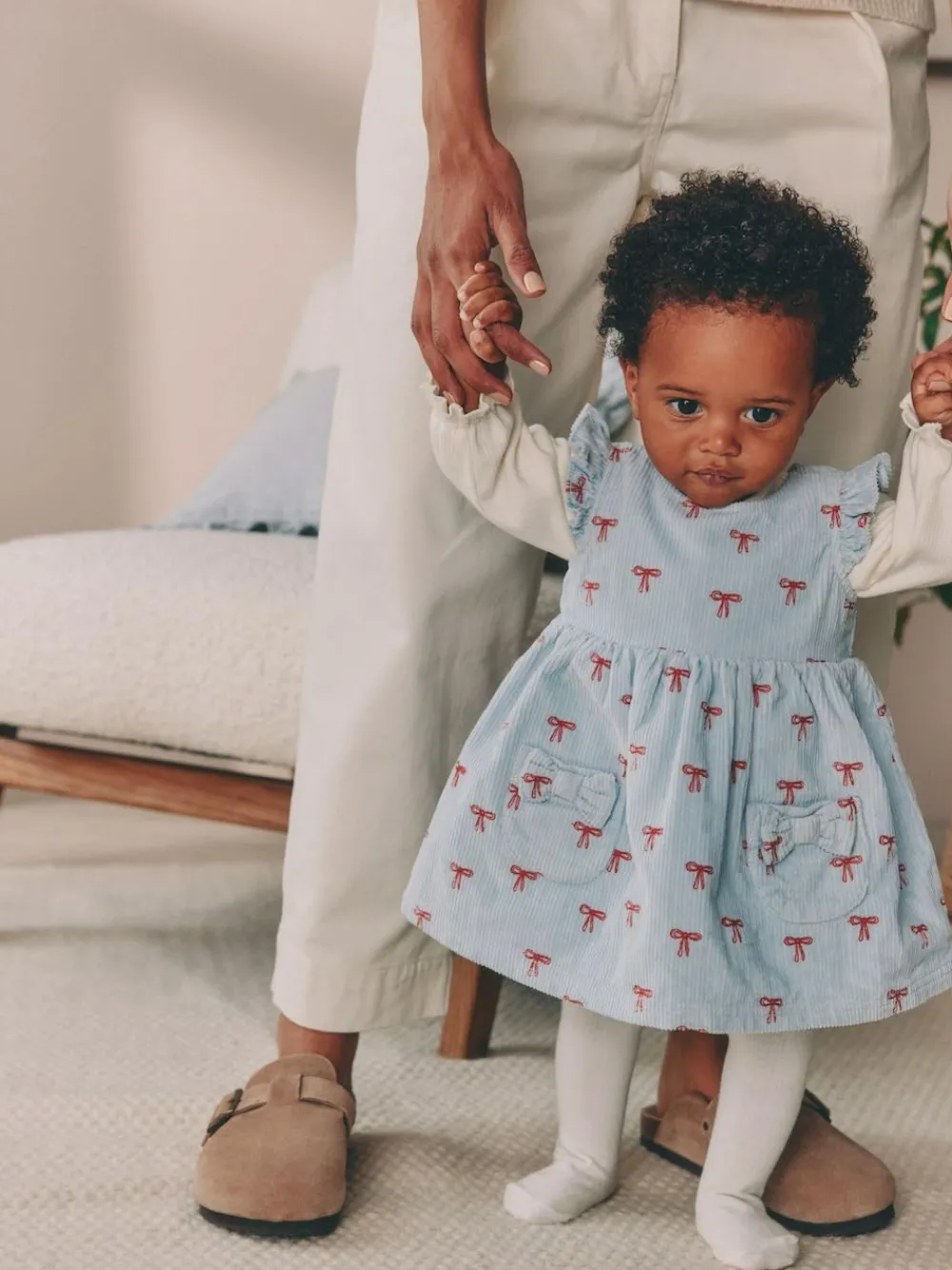 Next Blue Bow Baby Cord Pinafore Long Sleeve Bodysuit & Tights Set (0mths-2yrs)^ Dresses|Dresses