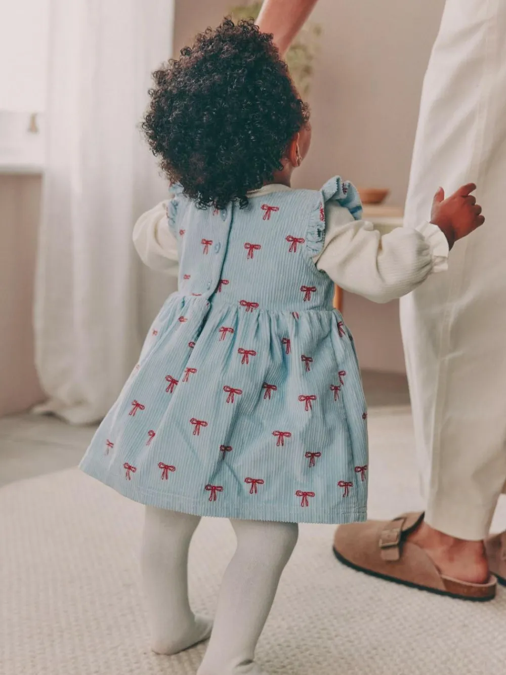 Next Blue Bow Baby Cord Pinafore Long Sleeve Bodysuit & Tights Set (0mths-2yrs)^ Dresses|Dresses