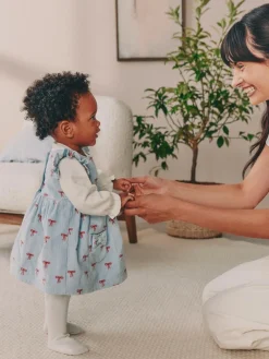 Next Blue Bow Baby Cord Pinafore Long Sleeve Bodysuit & Tights Set (0mths-2yrs)^ Dresses|Dresses