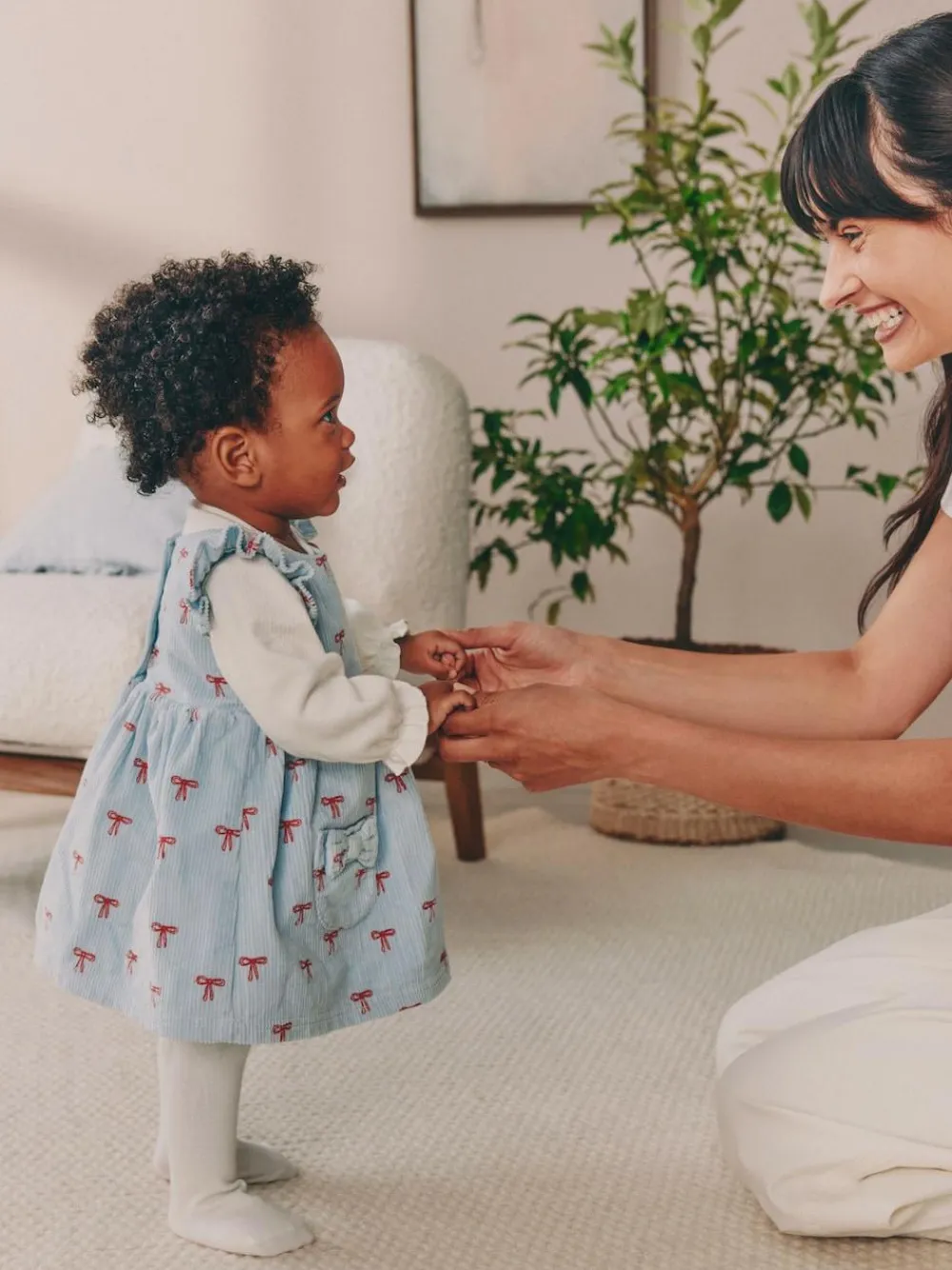 Next Blue Bow Baby Cord Pinafore Long Sleeve Bodysuit & Tights Set (0mths-2yrs)^ Dresses|Dresses