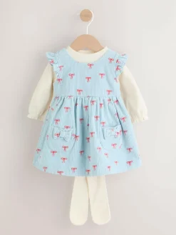 Next Blue Bow Baby Cord Pinafore Long Sleeve Bodysuit & Tights Set (0mths-2yrs)^ Dresses|Dresses