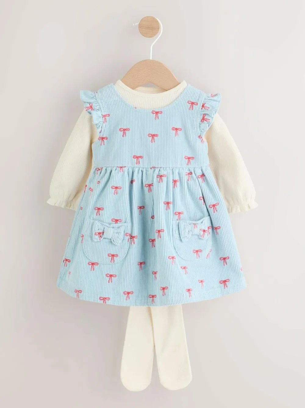 Next Blue Bow Baby Cord Pinafore Long Sleeve Bodysuit & Tights Set (0mths-2yrs)^ Dresses|Dresses