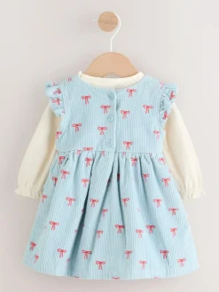Next Blue Bow Baby Cord Pinafore Long Sleeve Bodysuit & Tights Set (0mths-2yrs)^ Dresses|Dresses