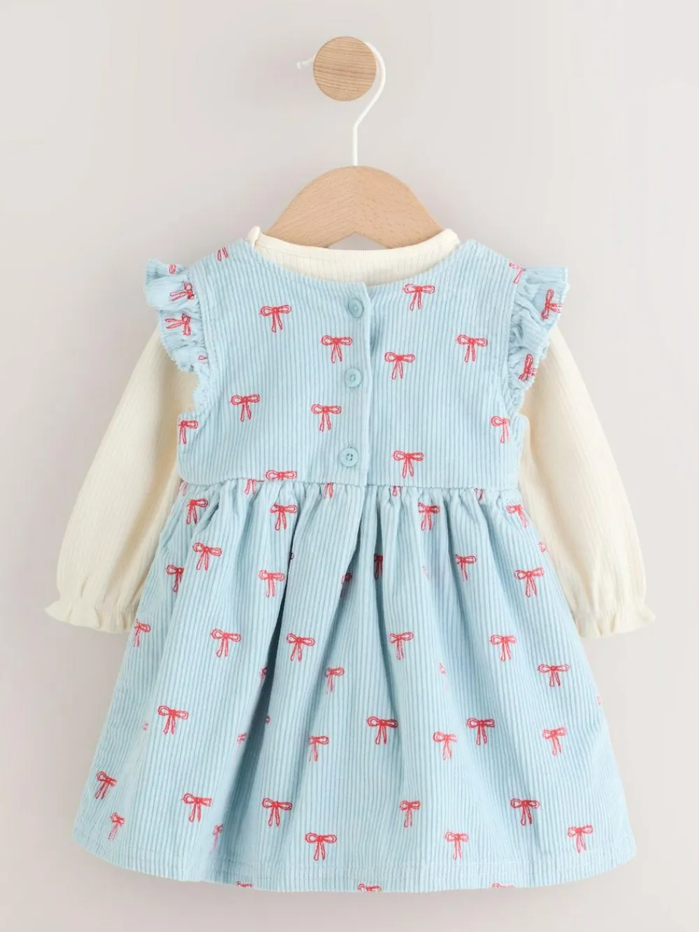 Next Blue Bow Baby Cord Pinafore Long Sleeve Bodysuit & Tights Set (0mths-2yrs)^ Dresses|Dresses