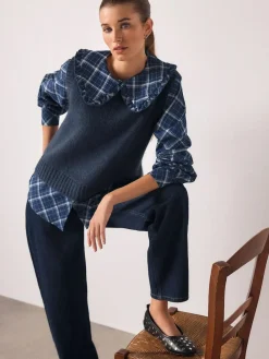 Clearance Next Frill Collar Shirt Layer Knitted Tank Blue Check
