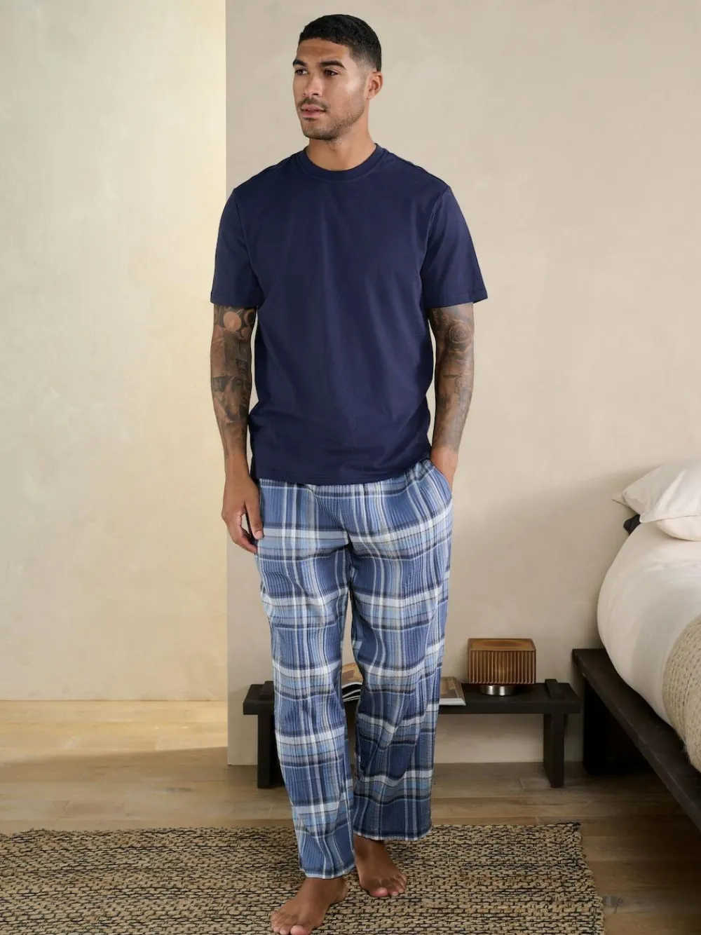 Next Blue Check Short Sleeve Pyjamas Set^ Nightwear|Pyjamas