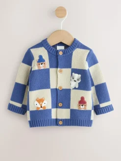 Hot Next Baby Knitted Cardigan (0mths-2yrs) Blue Checkerboard Embroidered Character