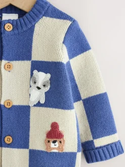 Hot Next Baby Knitted Cardigan (0mths-2yrs) Blue Checkerboard Embroidered Character