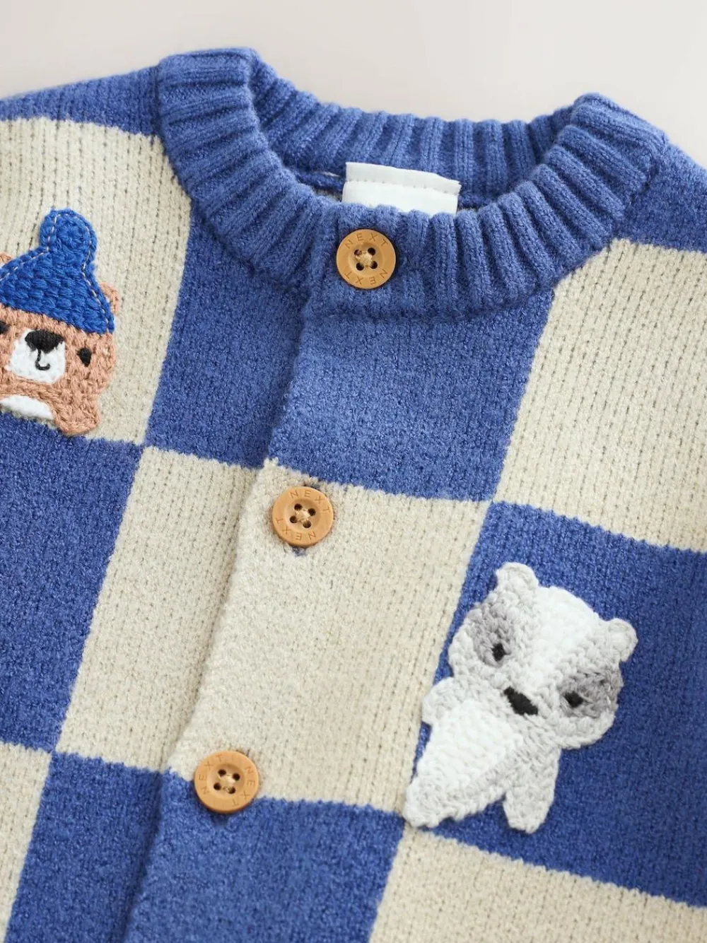 Hot Next Baby Knitted Cardigan (0mths-2yrs) Blue Checkerboard Embroidered Character