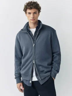 Online Next Cotton Rich Jersey Full Zip Funnel Neck Sweatshirt Blue