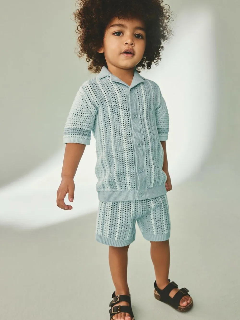 Next Blue Crochet Knitted Short Sleeve Shirt and Shorts Set (3mths-10yrs)^BOY Knitwear & Sweaters|Knitwear